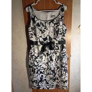 Vintage 90s Black Ivory Floral Sheath Dress Cottage Dark Floral Bow Waist USA M